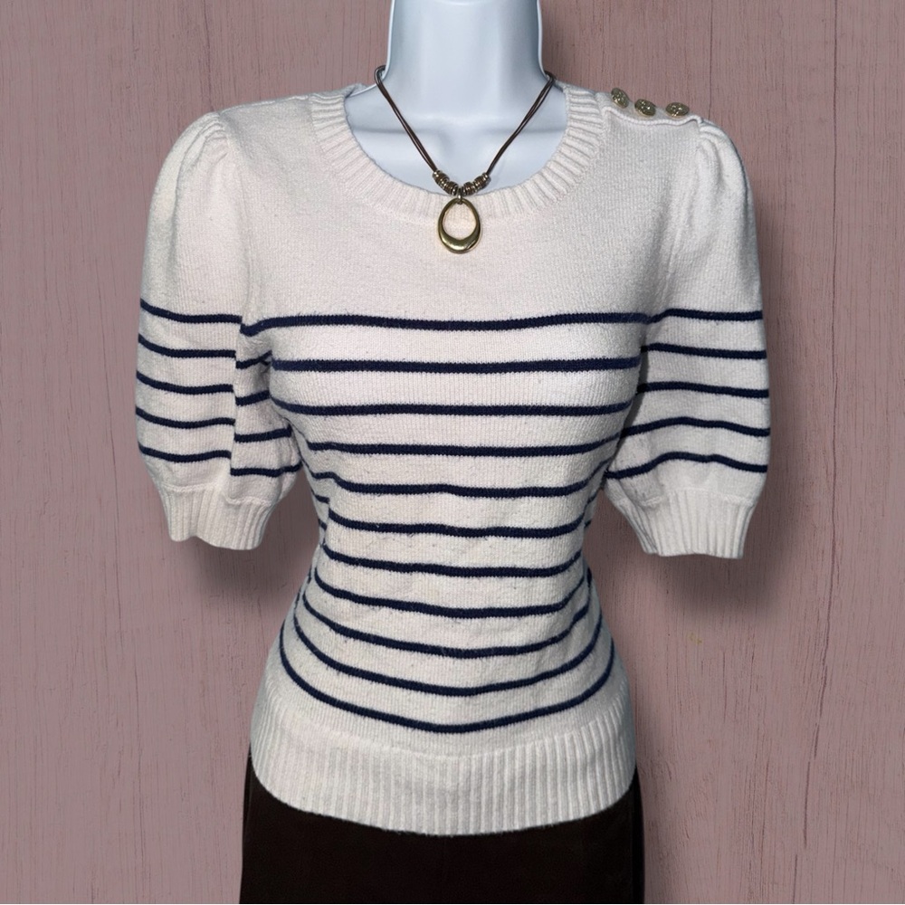 Draper James White & Navy Stripe Button Shoulder Half Sleeve Pullover Sweater